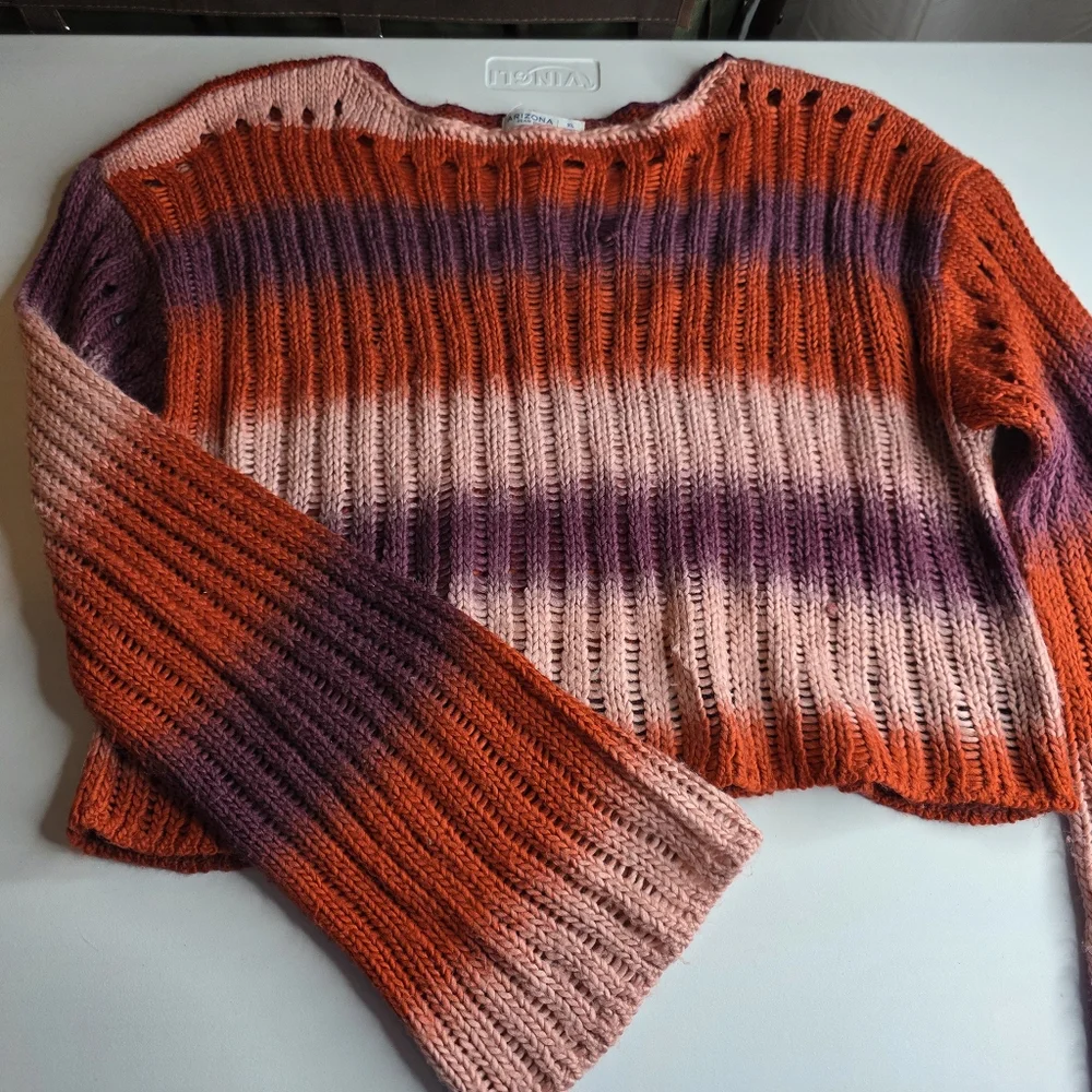 Arizona XL Loopy Knit Crop Sweater Bell Sleeves Fuzzy Stripes Cozy 2976-ac